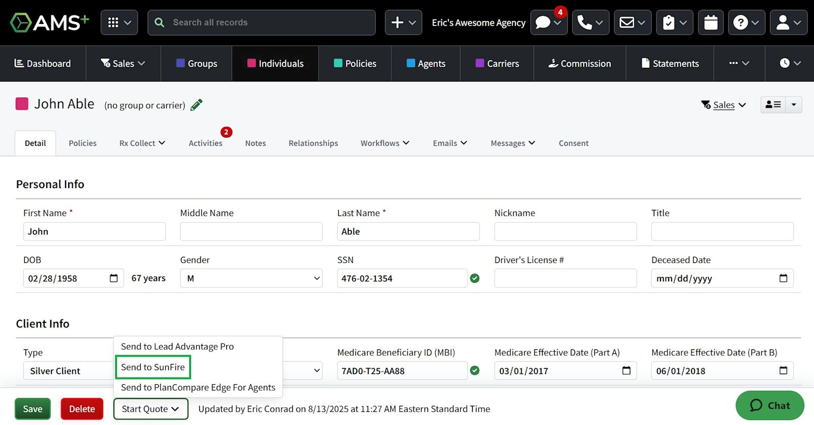 AMS+ Individual Send to SunFire user interface
