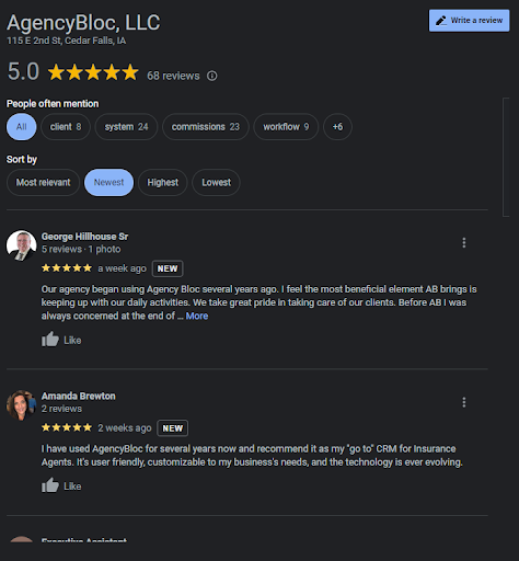 Screenshot of AgencyBloc's Google reviews.
