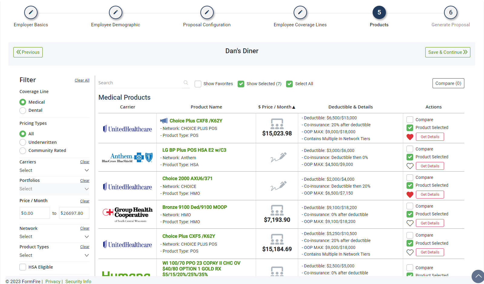 Screenshot showing products page in Quote+