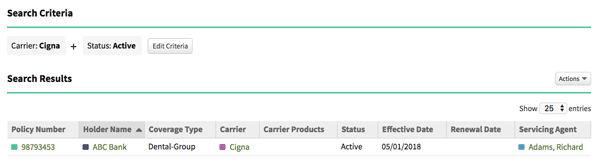 Insurance CRM - active Cigna policy search