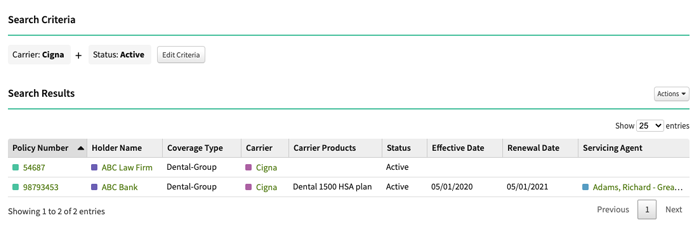 Insurance CRM - active Cigna policy search