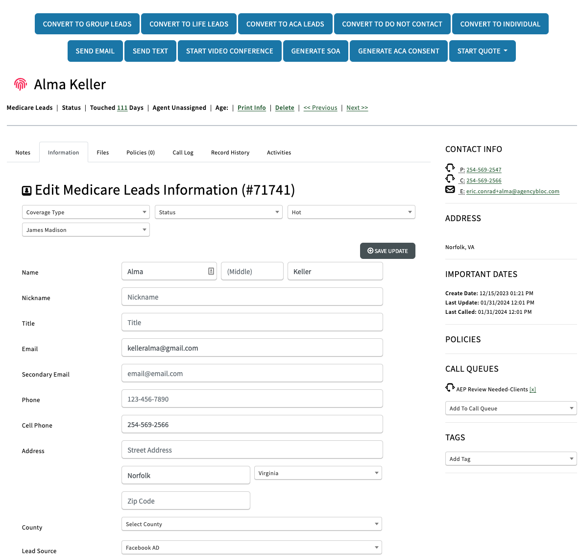 Lead contact profile in AMS+