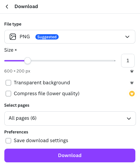 Screenshot showing download options in Canva