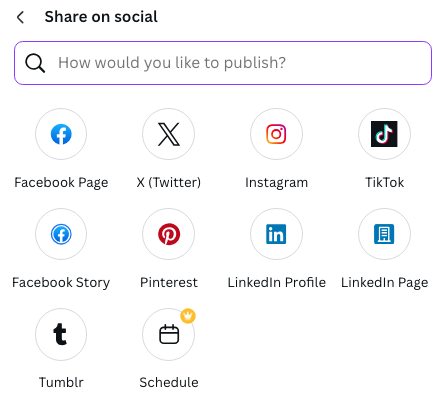 Screenshot showing social sharing options on Canva