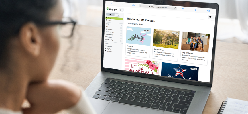 women looking at desktop screen showing Engage+ Content Marketing