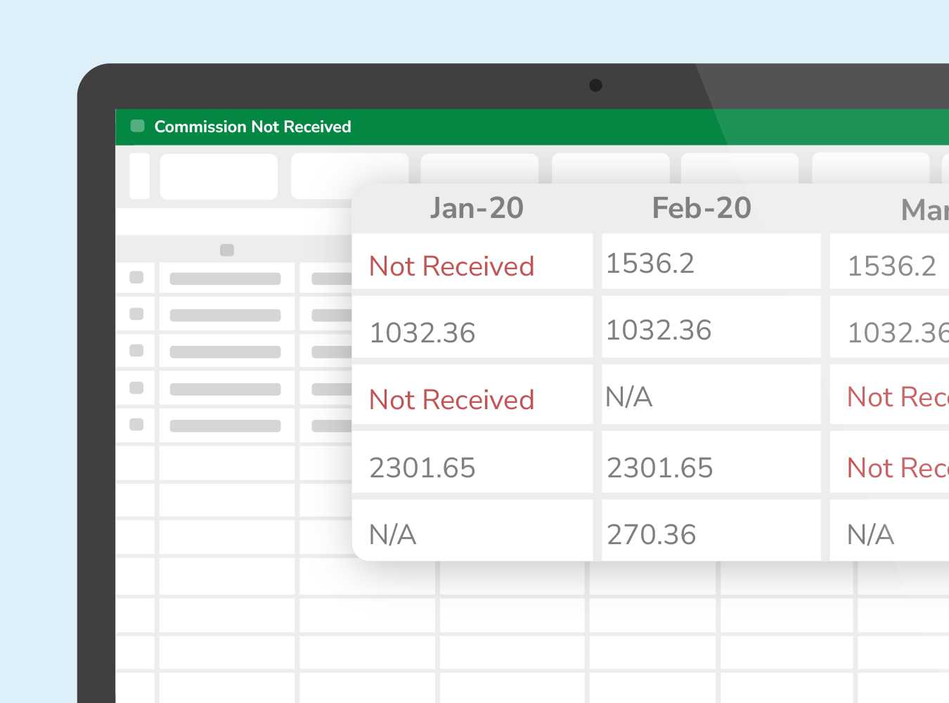 Screen showing a Commissions Not Received report