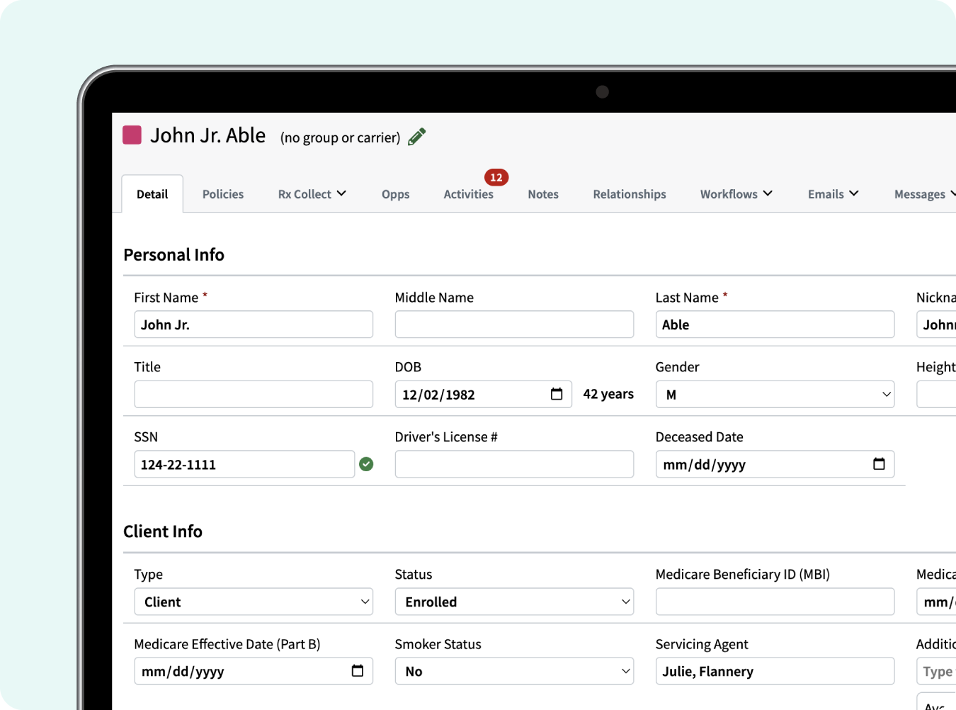 Screen showing an contact's record in AMS+