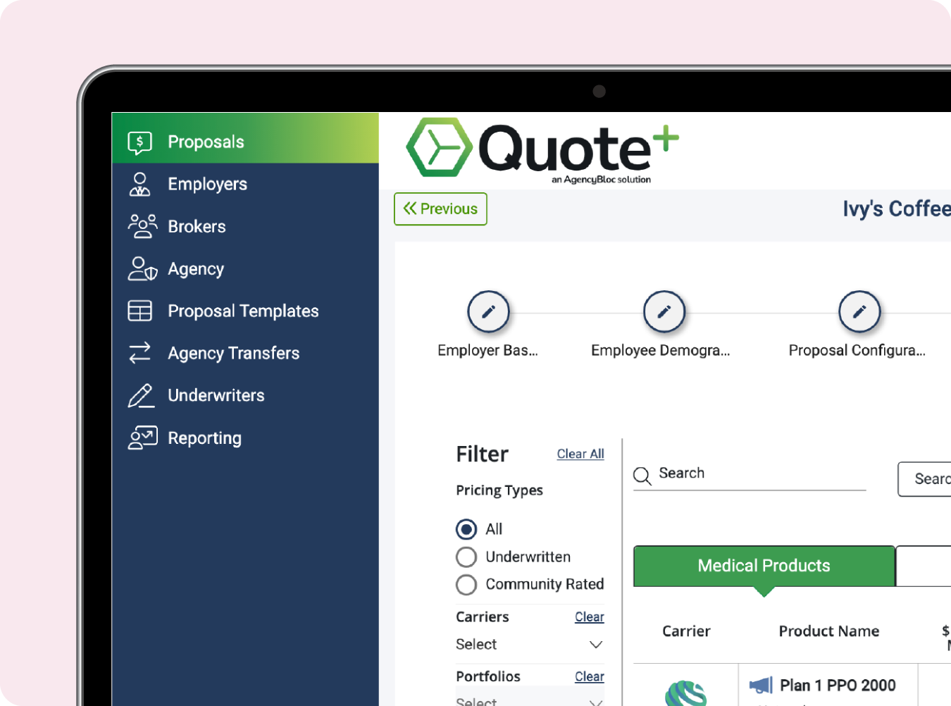 Screen showing the plan comparison tools in Quote+