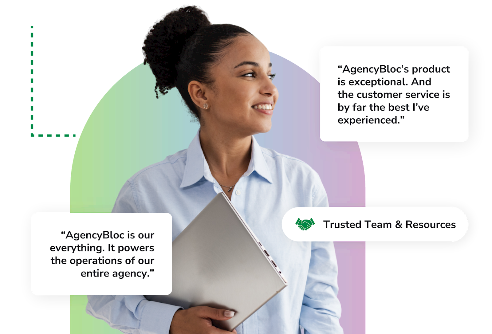 Woman holding laptop with testimonials from AgencyBloc clients