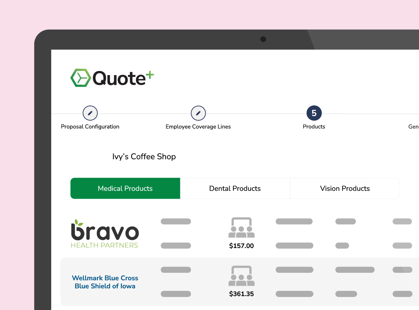 Screen showing the plan comparison tools in Quote+