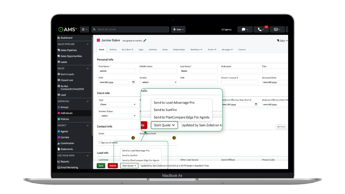 Screen showing how you send client data to your quoting & enrollment tool