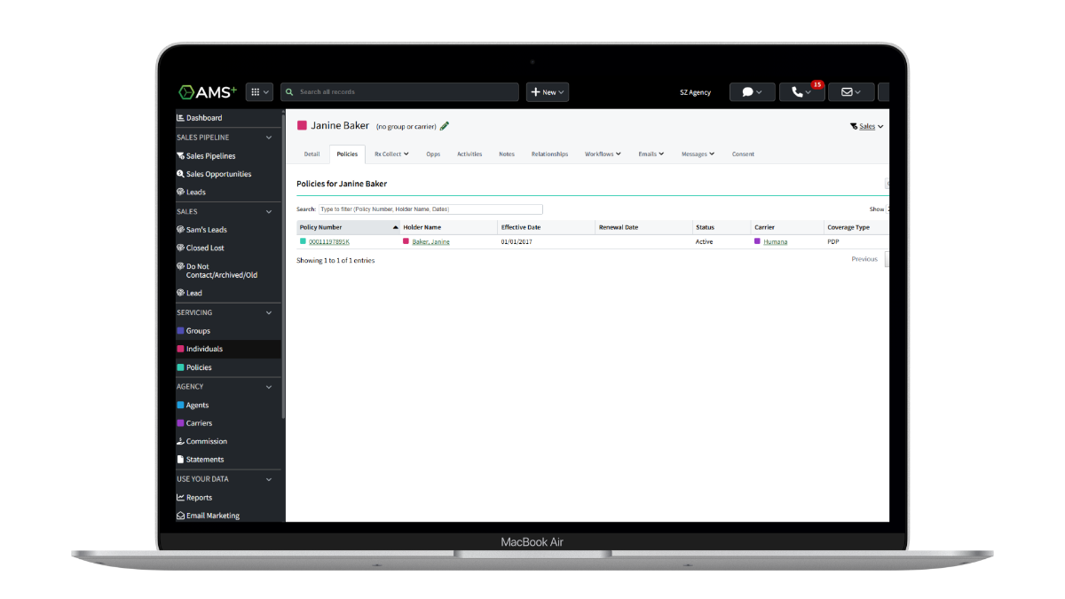 Screen showing data back in AMS+
