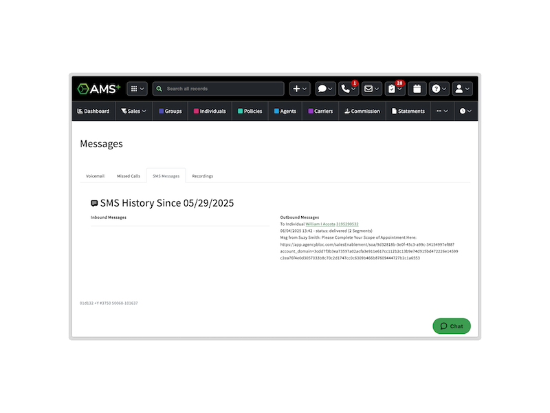 Screen showing SMS messaging tab in AMS+