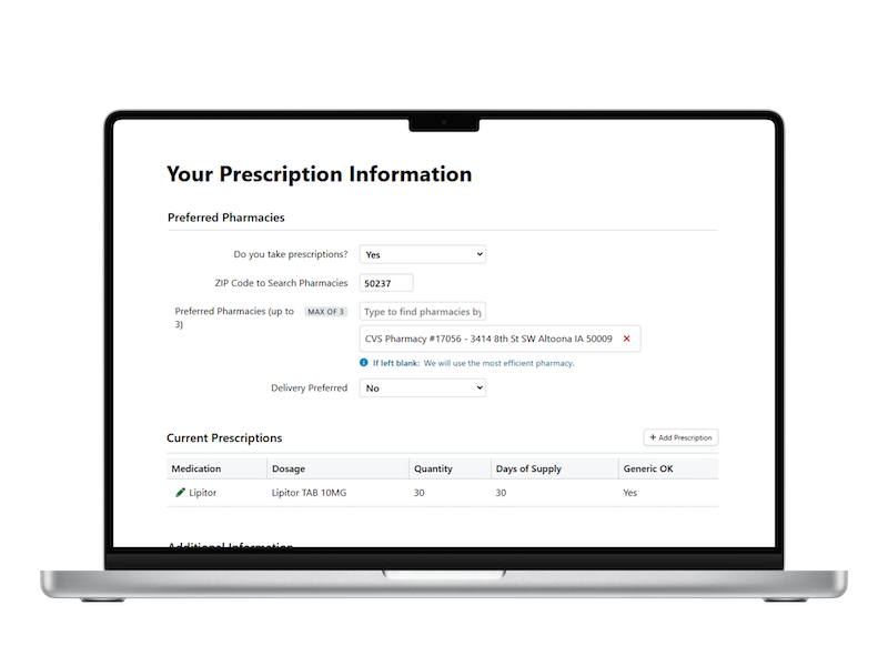 Screen showing Rx Collect form