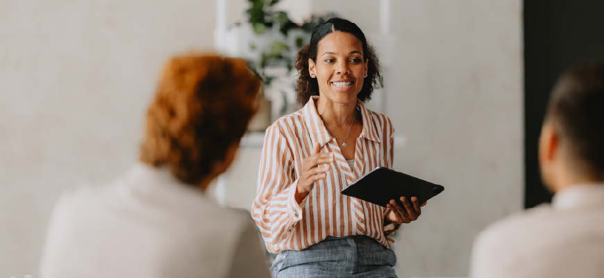 Women talking to clients
