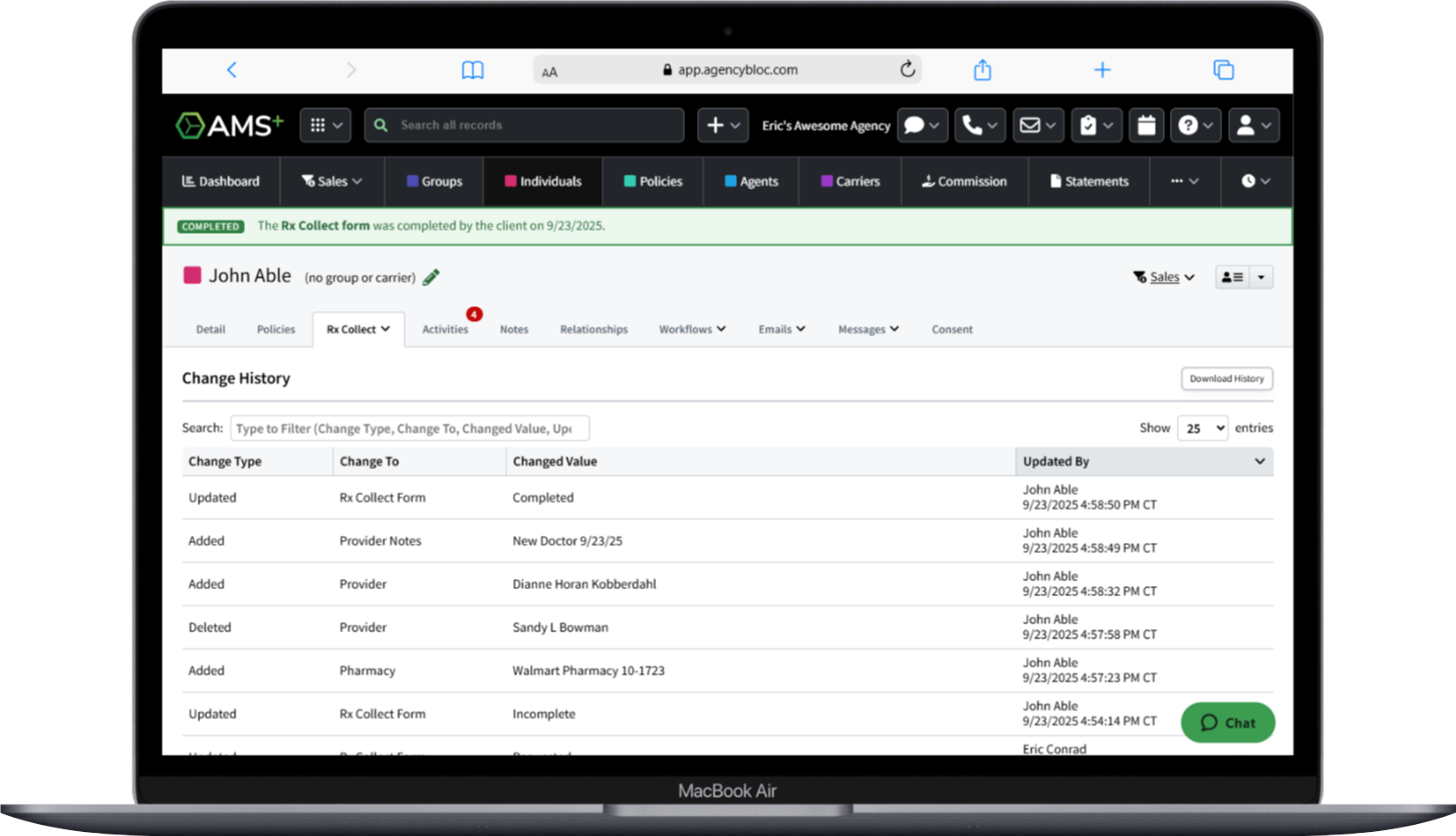 desktop preview of AMS+ Rx Collect change history view