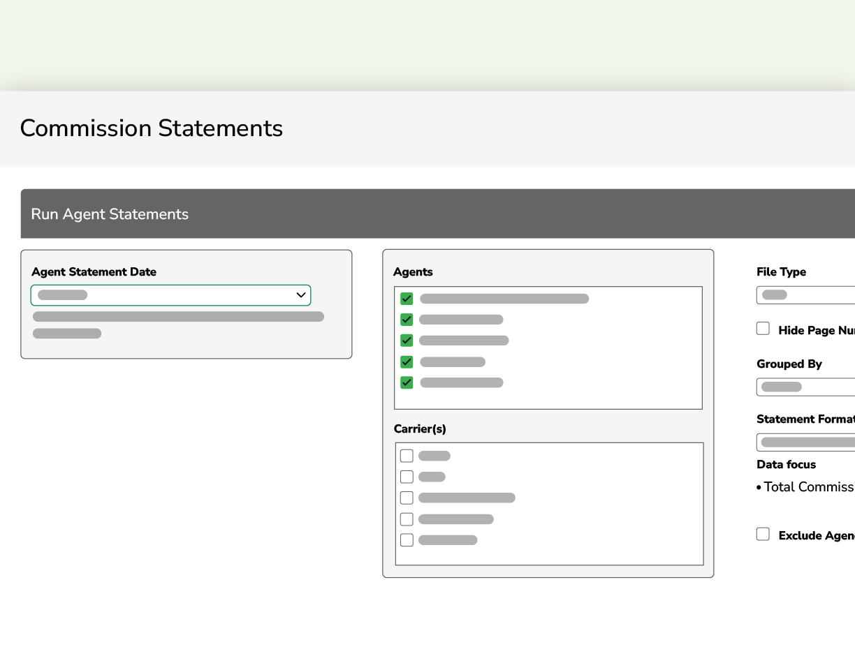 Mockup showing agent statements in Commissions+