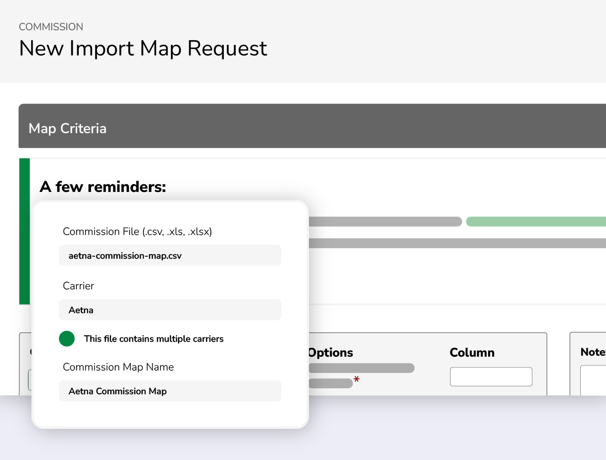 Mockup showing the Commissions+ import map