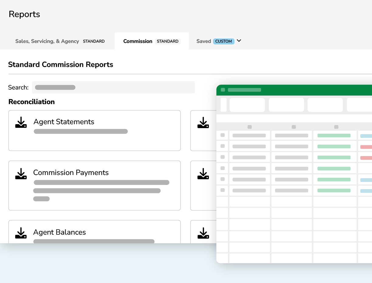 Mockup showing commissions reports