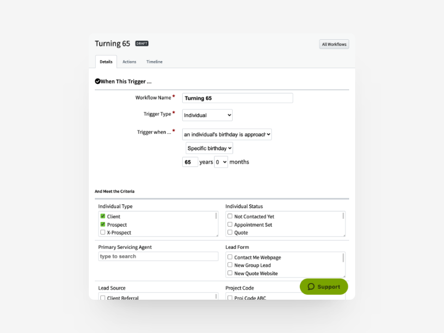 Turning 65 workflow in AgencyBloc